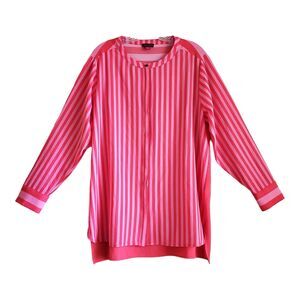 VINCE CAMUTO Women's L Tunic Top Pink Vertical Striped Button Up Long Sleeve 40"
